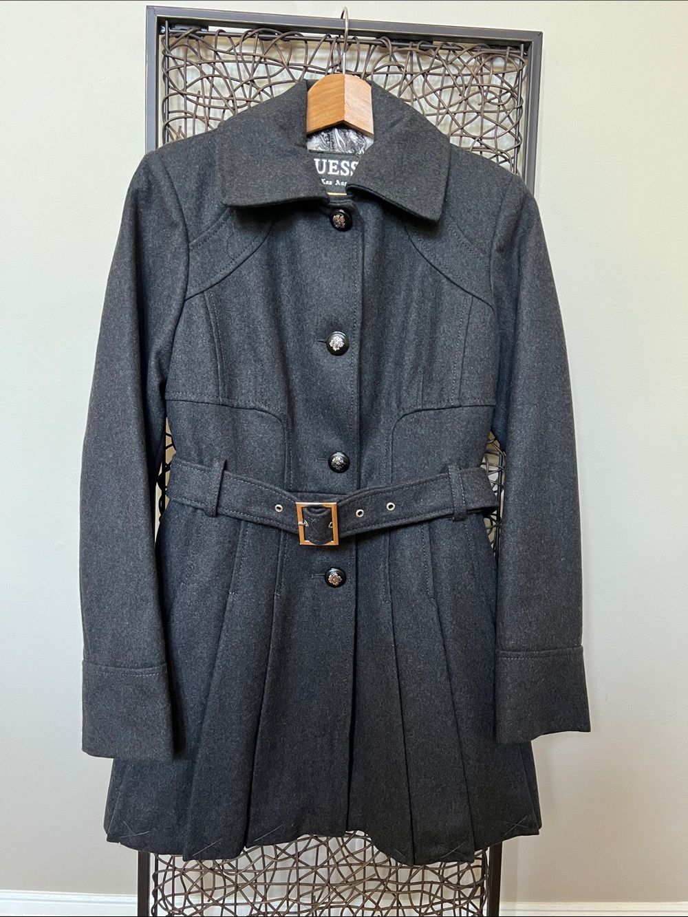 Guess Charcoal Wool Bl Belted Pleated Trench Coat Y2K satin paisley lining M NEW